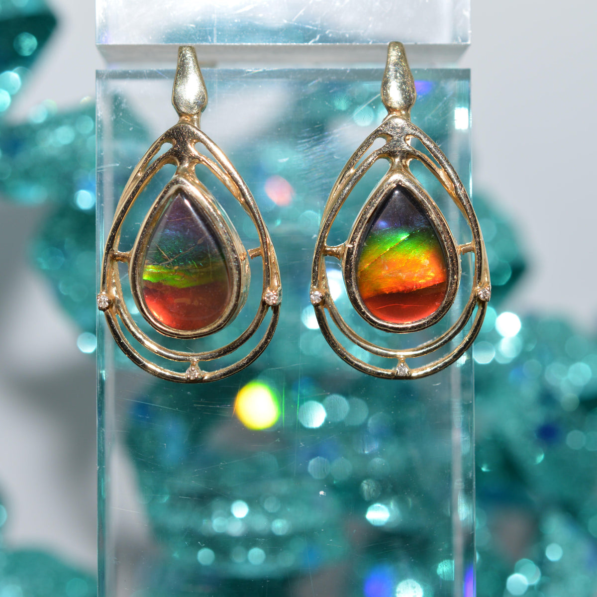 14K Yellow Gold Fossil Ammolite & Diamond Teardrop Earrings