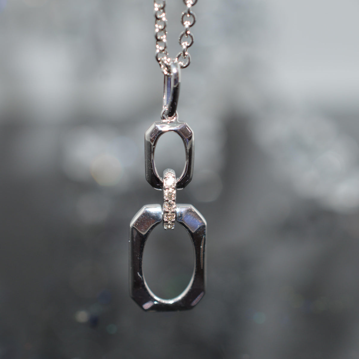 Sterling Silver Chain With Octagonal Pendant Set With Diamonds