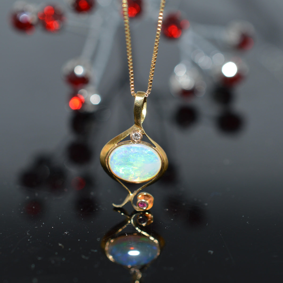14K Yellow Gold Opal, Diamond, And Ruby Pendant With Chain