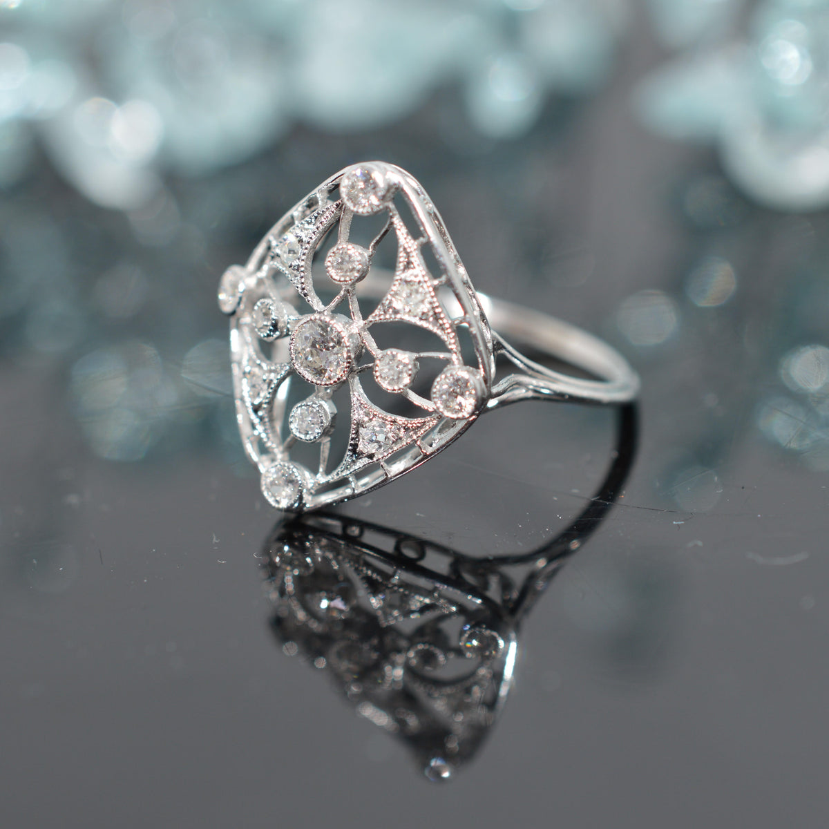 Delicate Platinum Antique Edwardian Ring With Old Mine & Old European Cut Diamonds