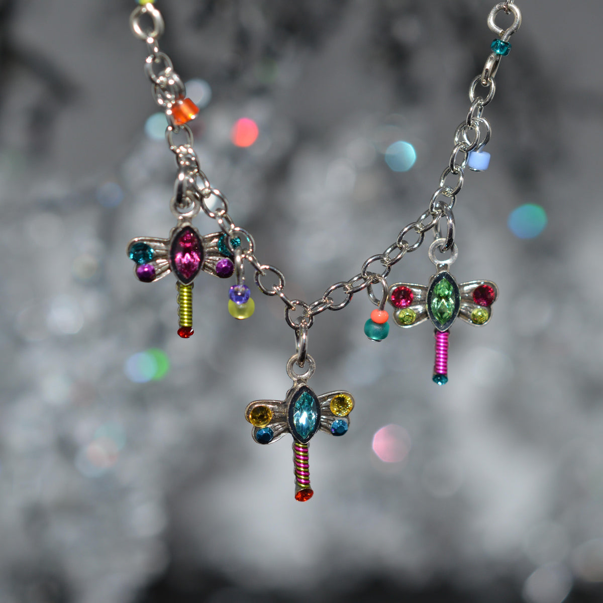 Antique Silver Plated Triple Petite Dragonfly Multi-Color Crystal Necklace by Firefly