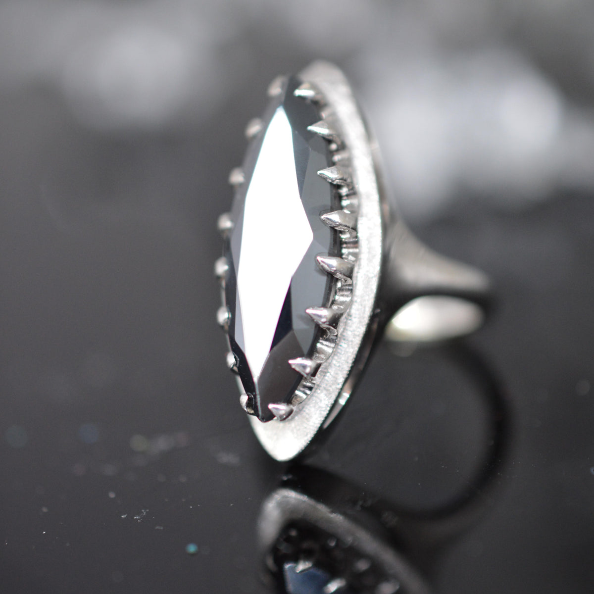10K White Gold Marquise Cut Hematite Ring