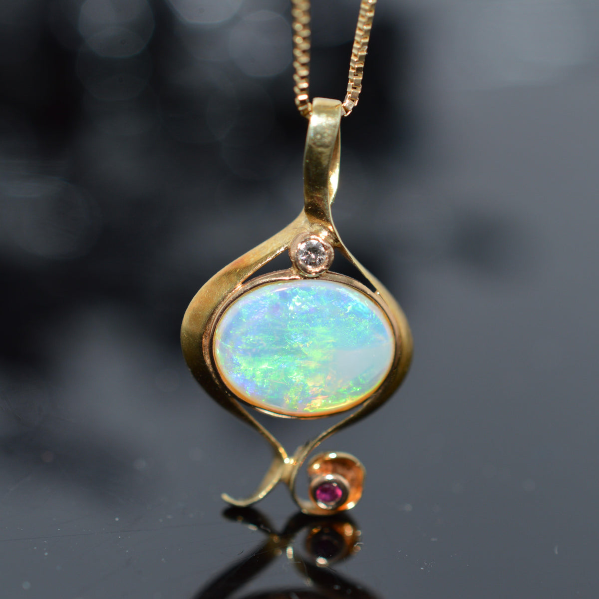 14K Yellow Gold Opal, Diamond, And Ruby Pendant With Chain