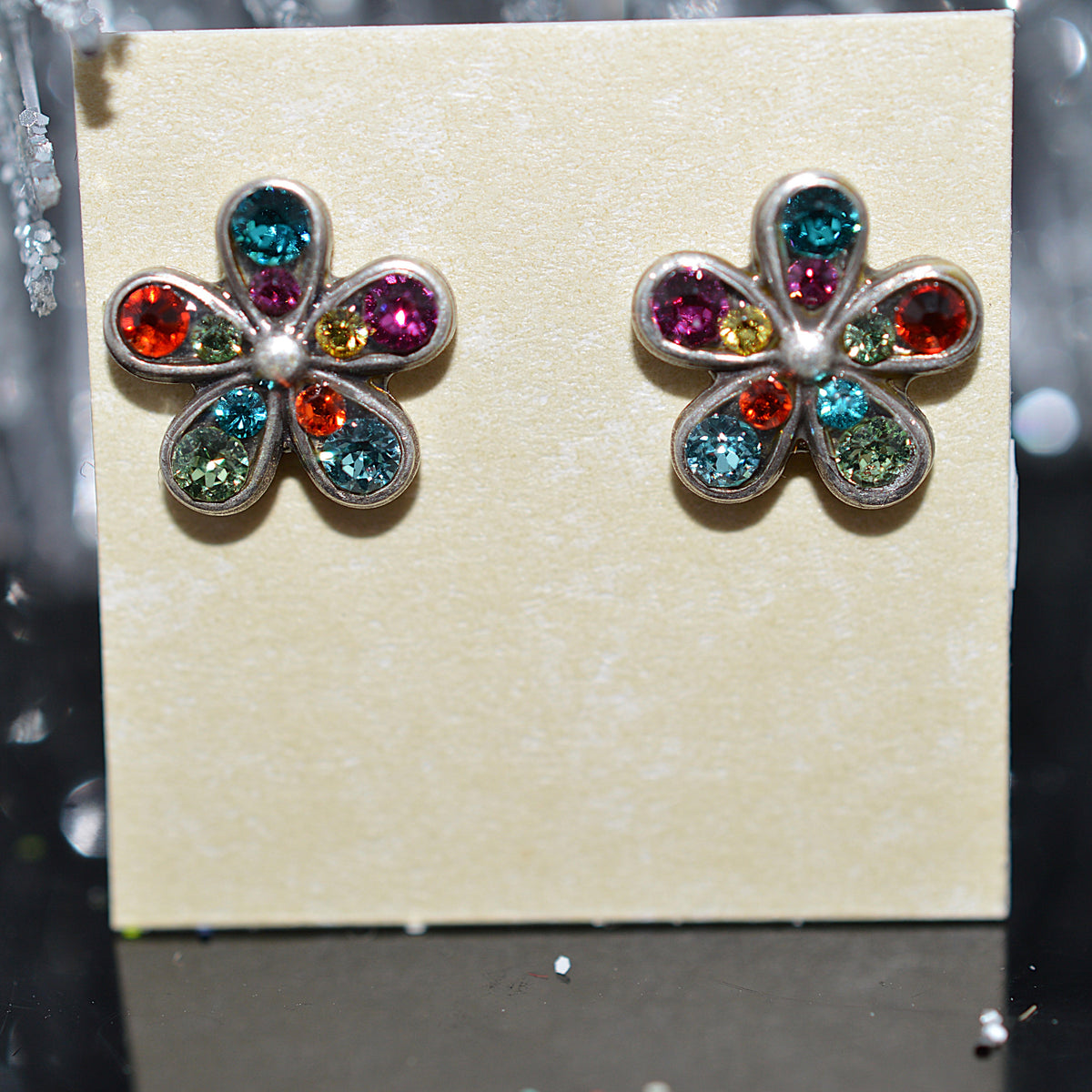 Antique Silver Plated Petite Fleur Stud Earrings With Multi-Color Crystals by Firefly