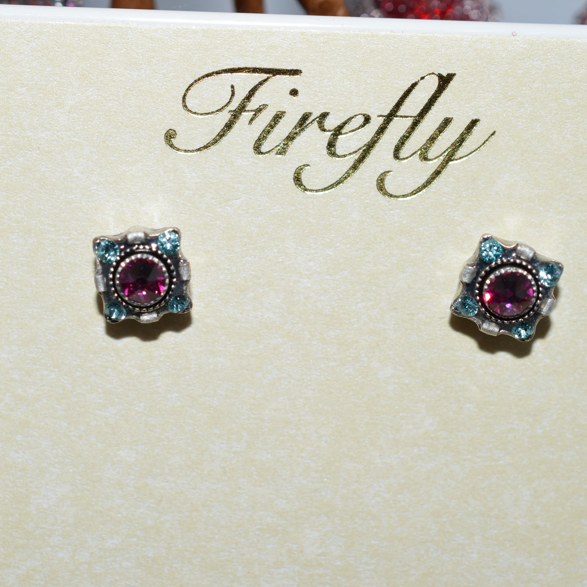 Antique Silver Plated Fuchsia Crystal Dulce Stud Earrings By Firefly