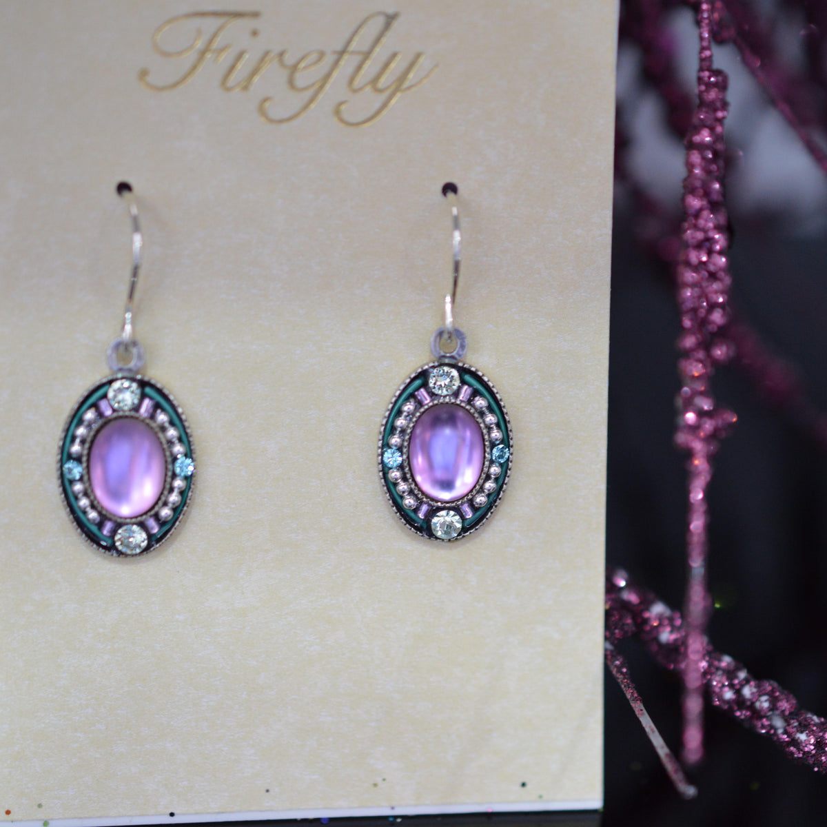 Antique Silver Plated Soft Rose Moonlight Crystal Earrings by Firefly