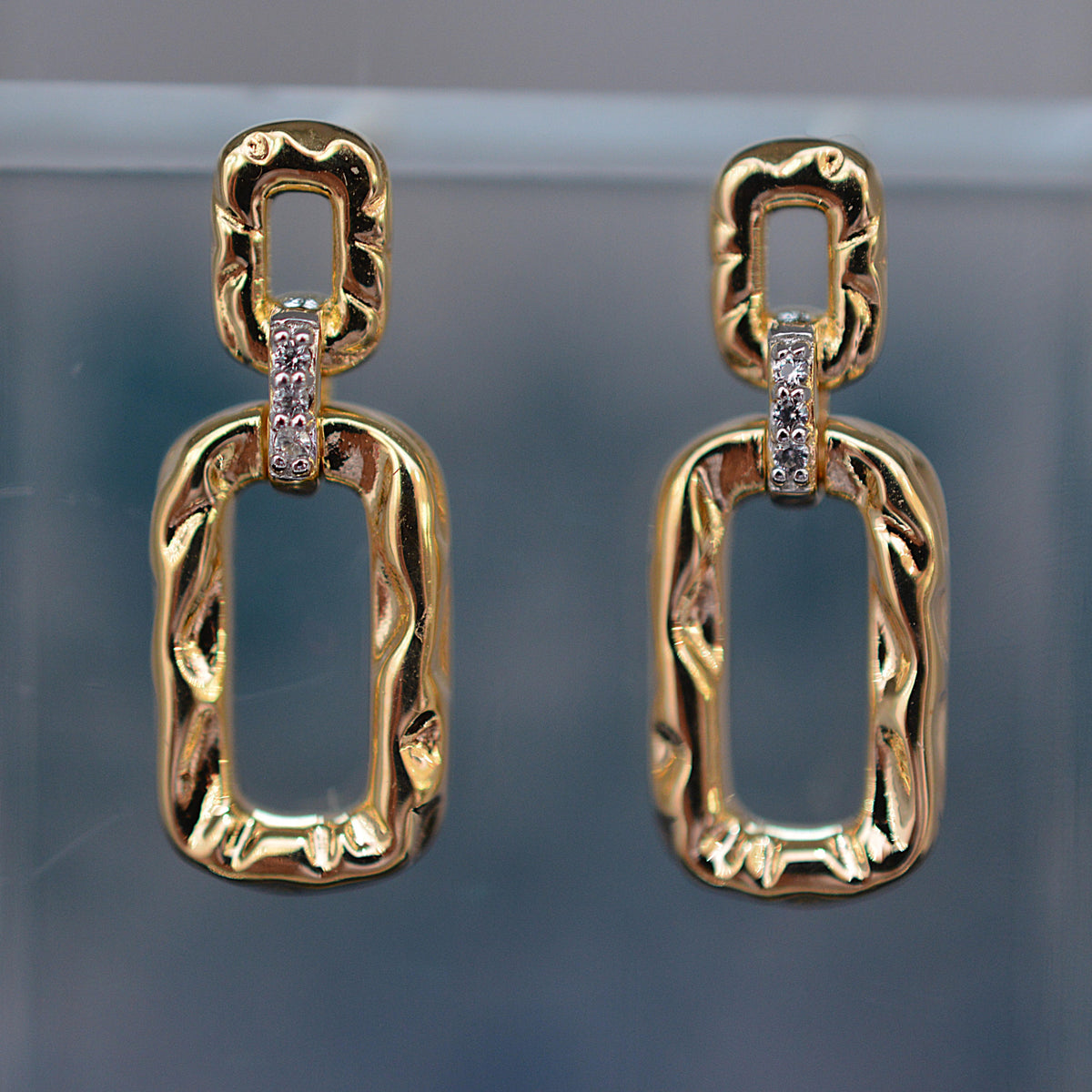 Gold Vermeil Earrings With Hammered Finish & White Sapphire Gemstones