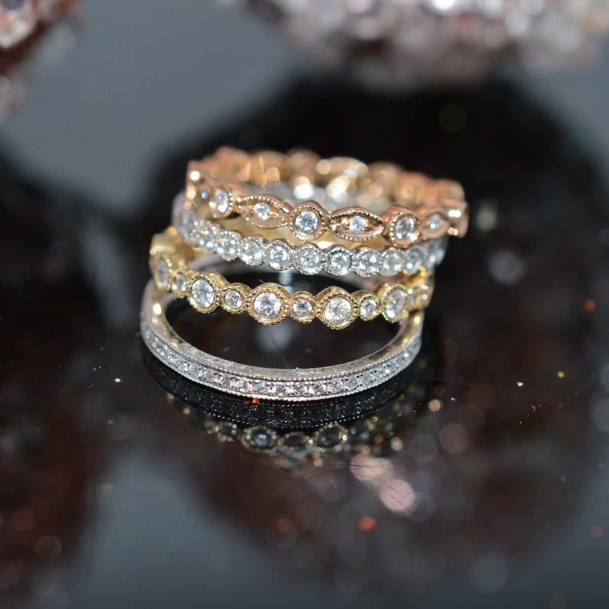 18K White, Yellow, &amp; Rose Gold Set Of 4 Diamond Eternity Rings
