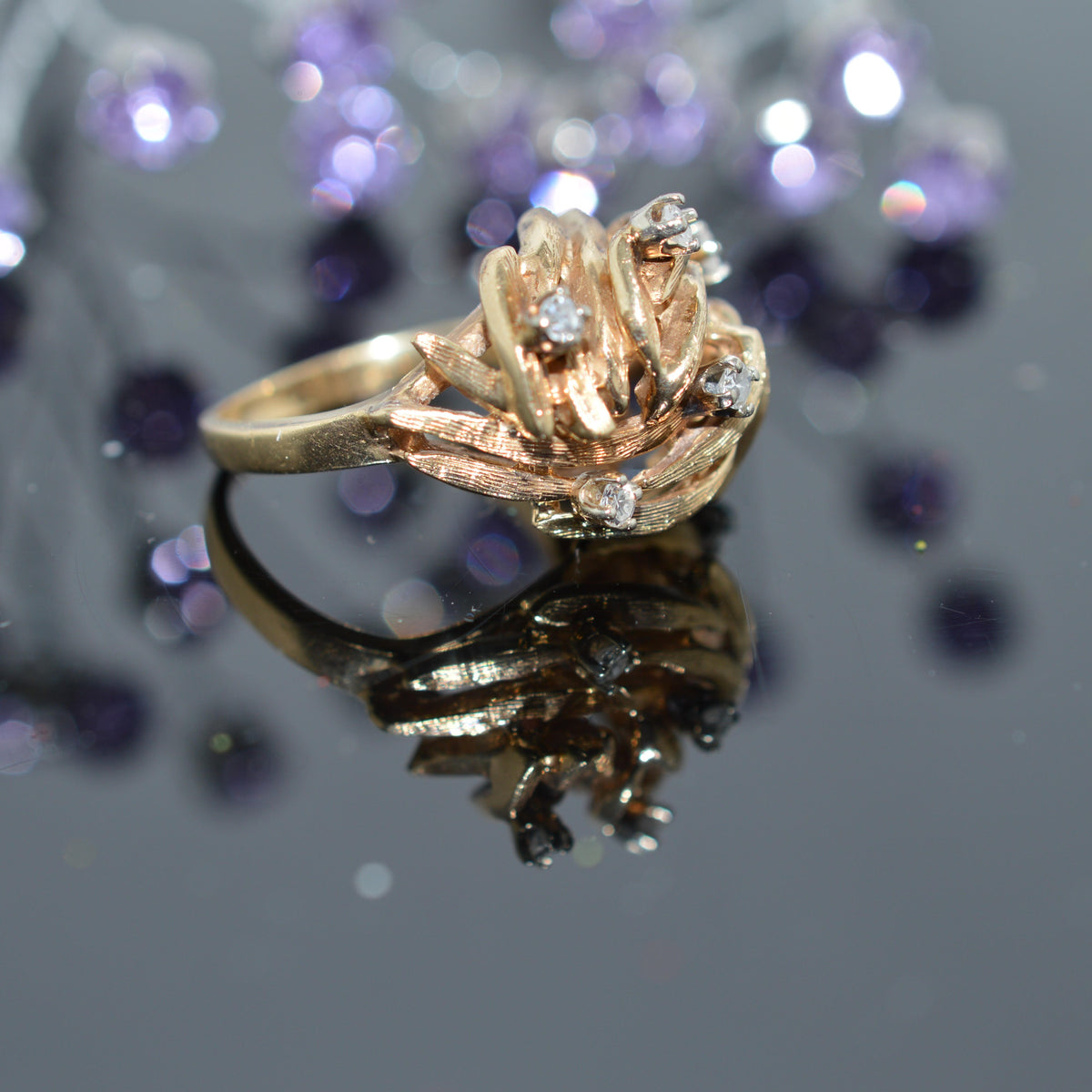 14K Yellow Gold Dome Ring With Scattering Of Round Diamonds