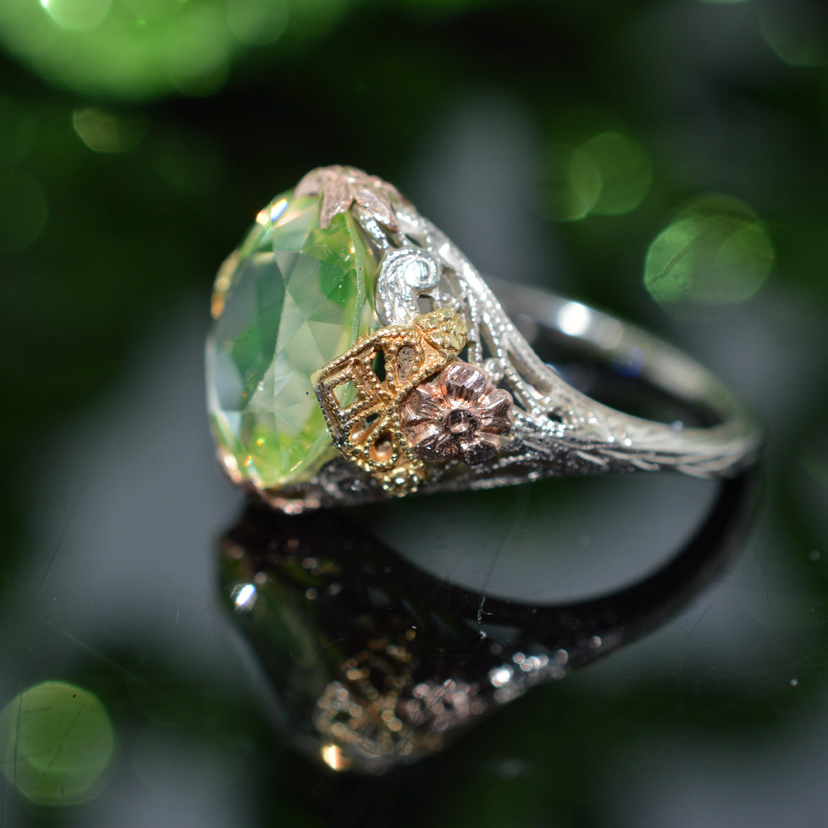14K Tri-Color Gold Antique Filigree Synthetic Spinel Ring
