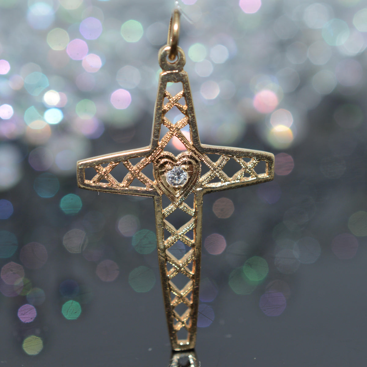 14K Yellow Gold Open Work Cross With Diamond
