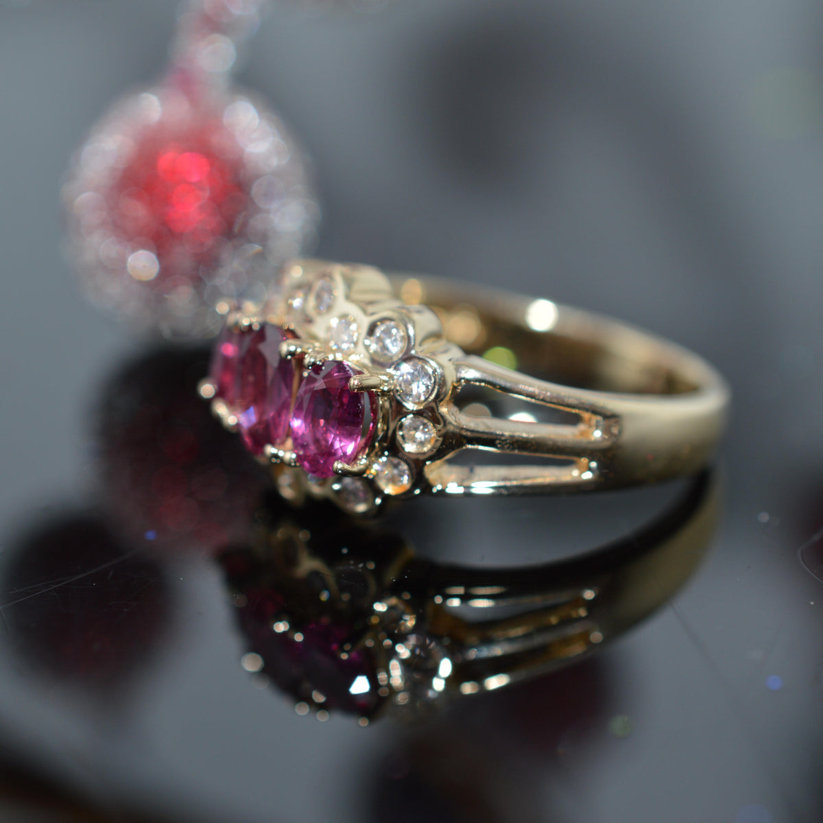 14K Yellow Gold 3 Oval Genuine Ruby & Diamond Ring