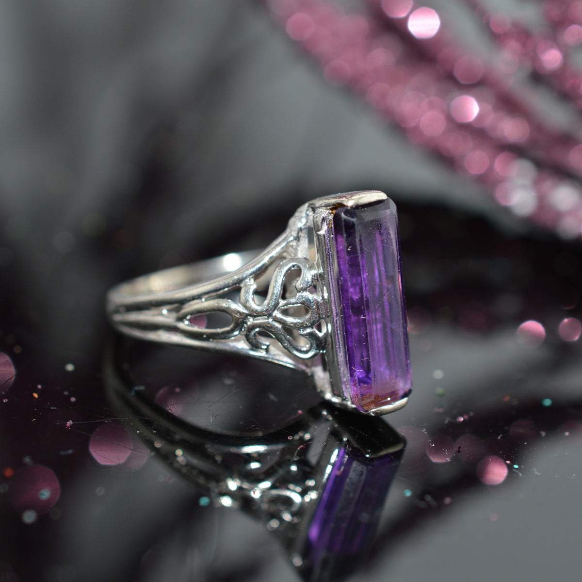 14K White Gold Ring With Long Baguette Cut Amethyst