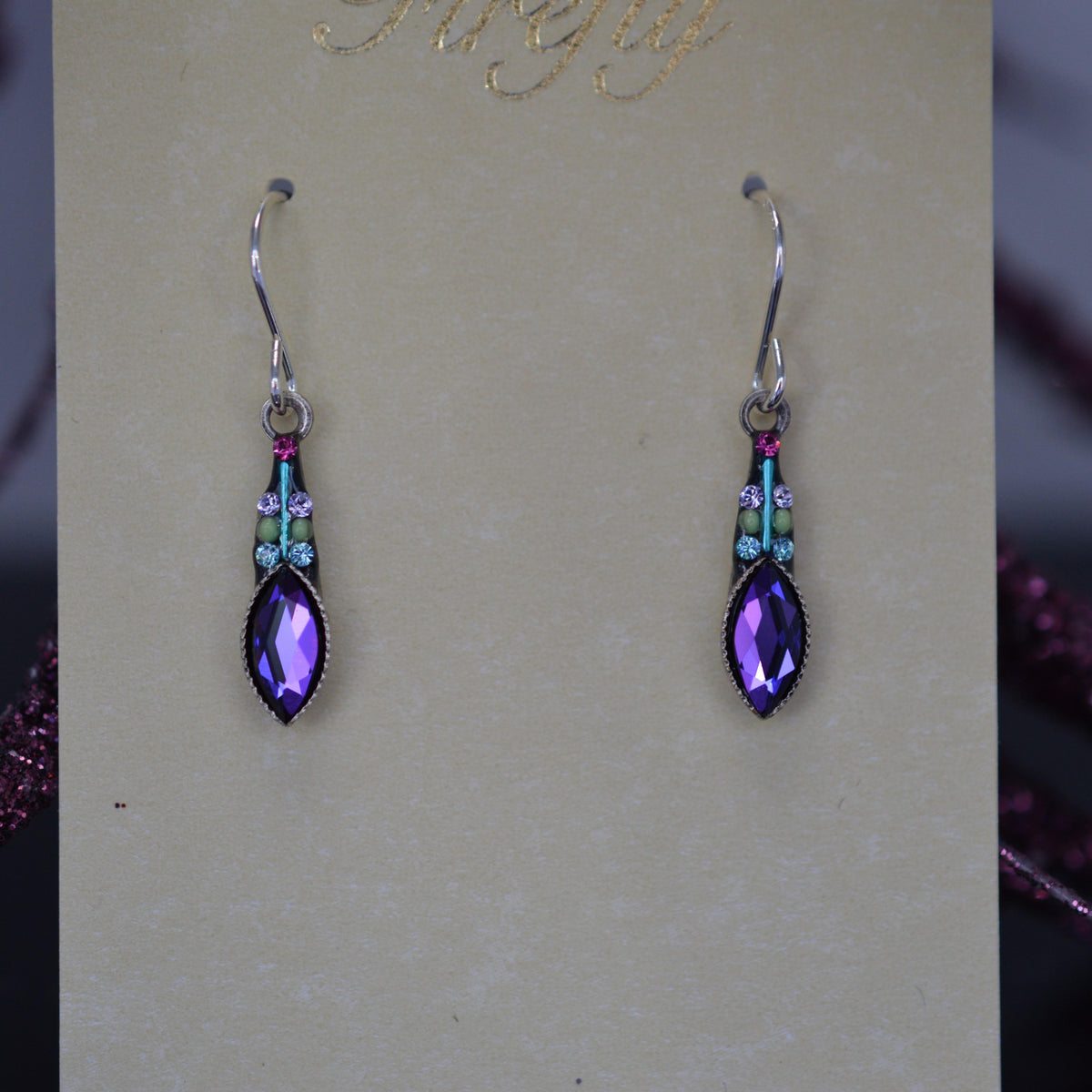 Antique Silver Plated Carmel Small Drop Purple Crystal Earrings by Firefly