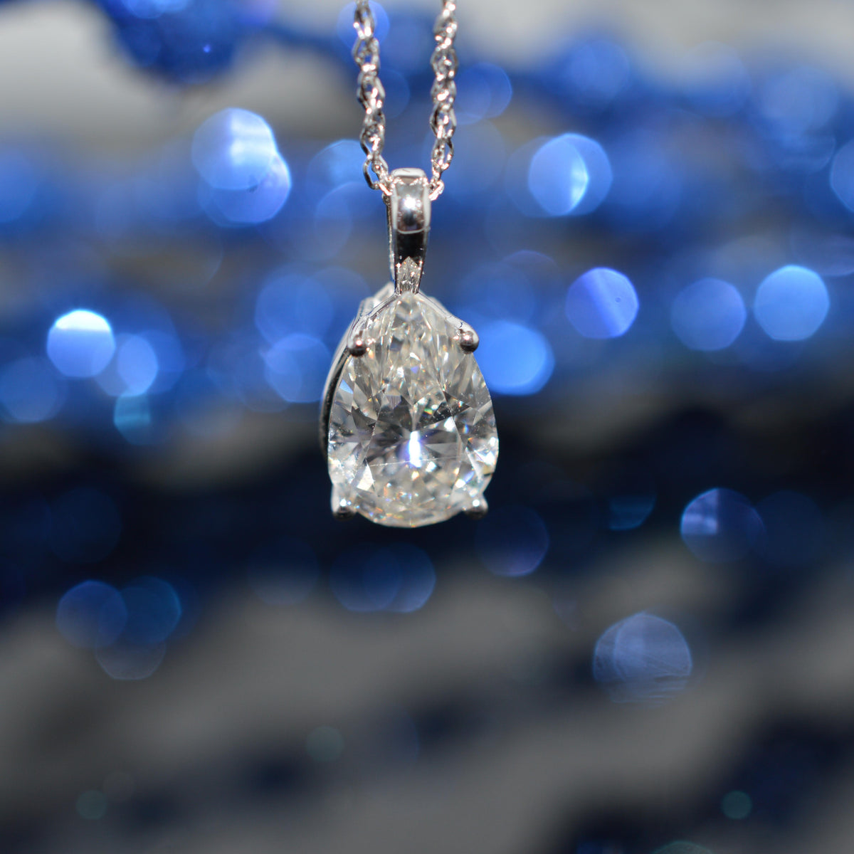 14K White Gold Chain With 1.96 Carat Pear Cut Diamond (GIA) Pendant