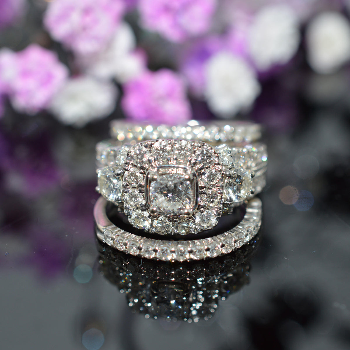 14K White Gold Cushion Cut Diamond Engagement Ring With 2 Diamond Bands