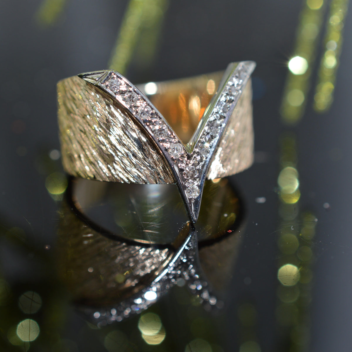 14K Two Tone Gold &amp; Diamond Chevron Band Ring