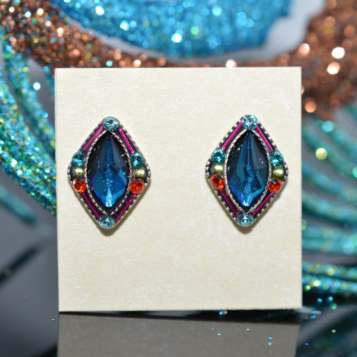 Antique Silver Plated Architectural Navette Stud Earrings With Multi-Color Crystals by Firefly