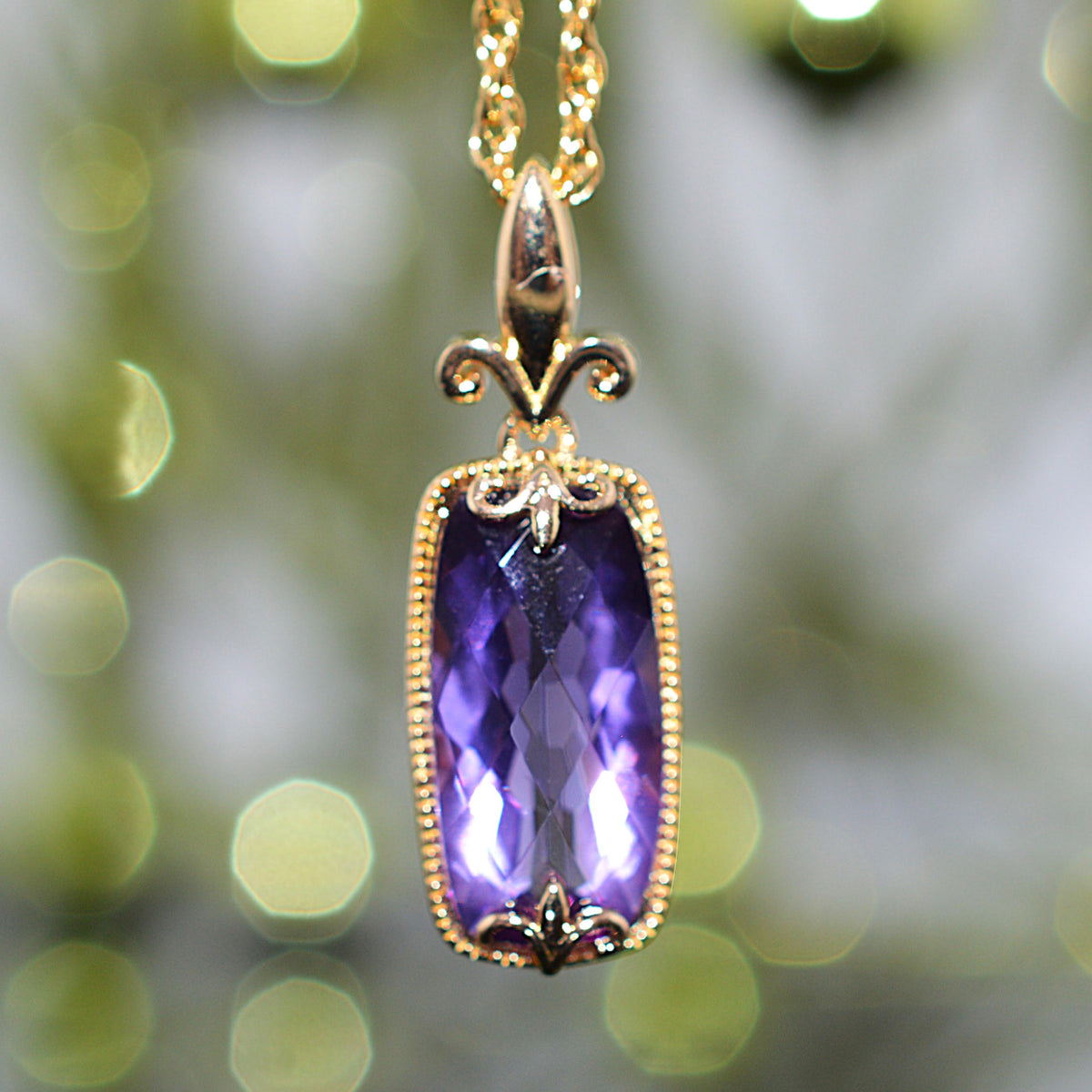 Gold Vermeil Chain & Pendant With Long Cushion Cut Amethyst