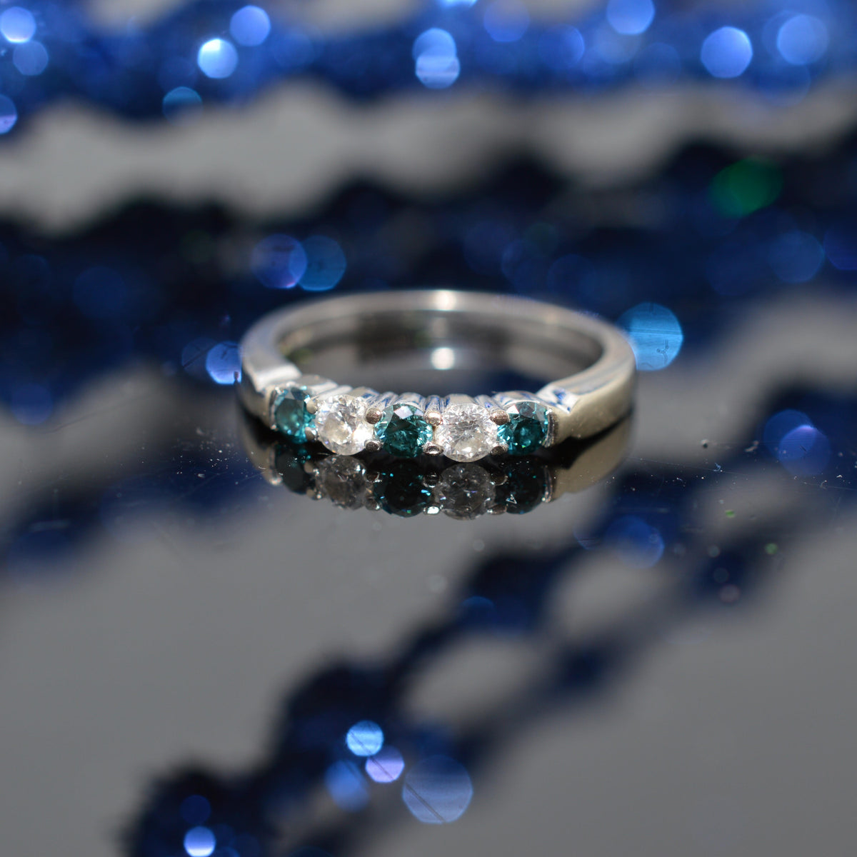 14K White Gold Blue & White Diamond Anniversary Ring