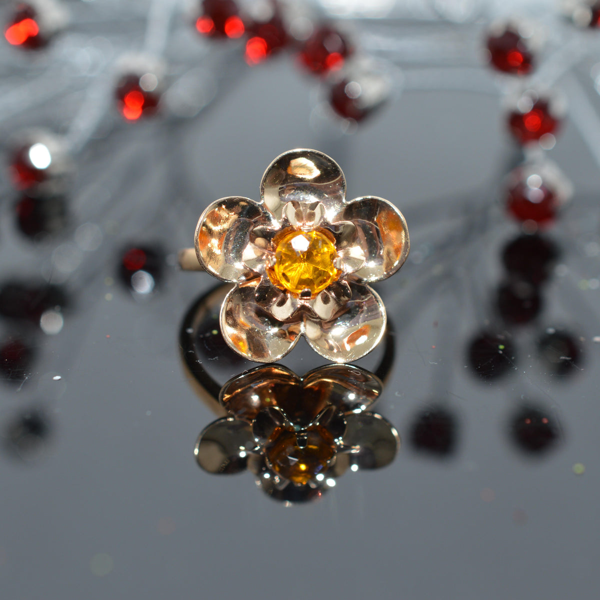 10K Yellow Gold Flower Ring With Citrine Center