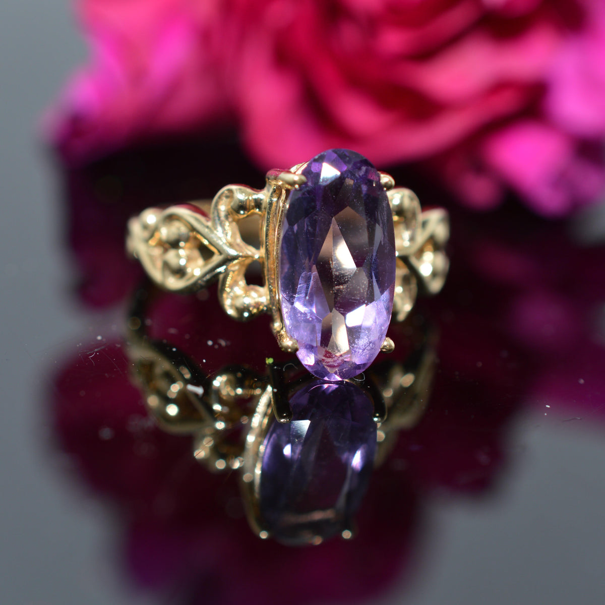 14K Yellow Gold Ring With An Elongated Oval Amethyst