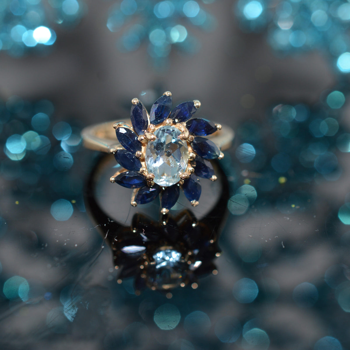 14K Yellow Gold Oval Aquamarine & Marquise Sapphire Spiral Ring