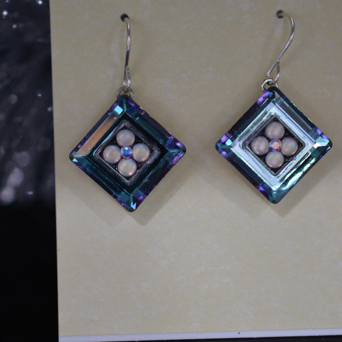 Antique Silver Plated Square La Dolce Vita Crystal Earrings by Firefly