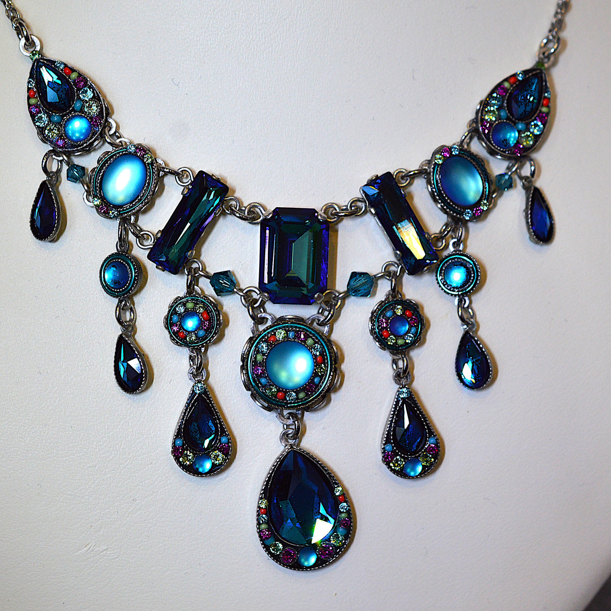 Antique Silver Plated Elaborate Kensington Necklace With Bermuda Blue Crystals by Firefly