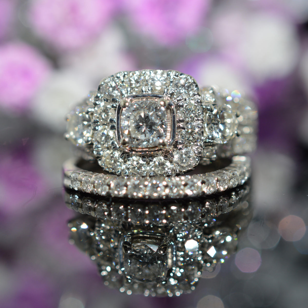 14K White Gold Cushion Cut Diamond Engagement Ring With 2 Diamond Bands
