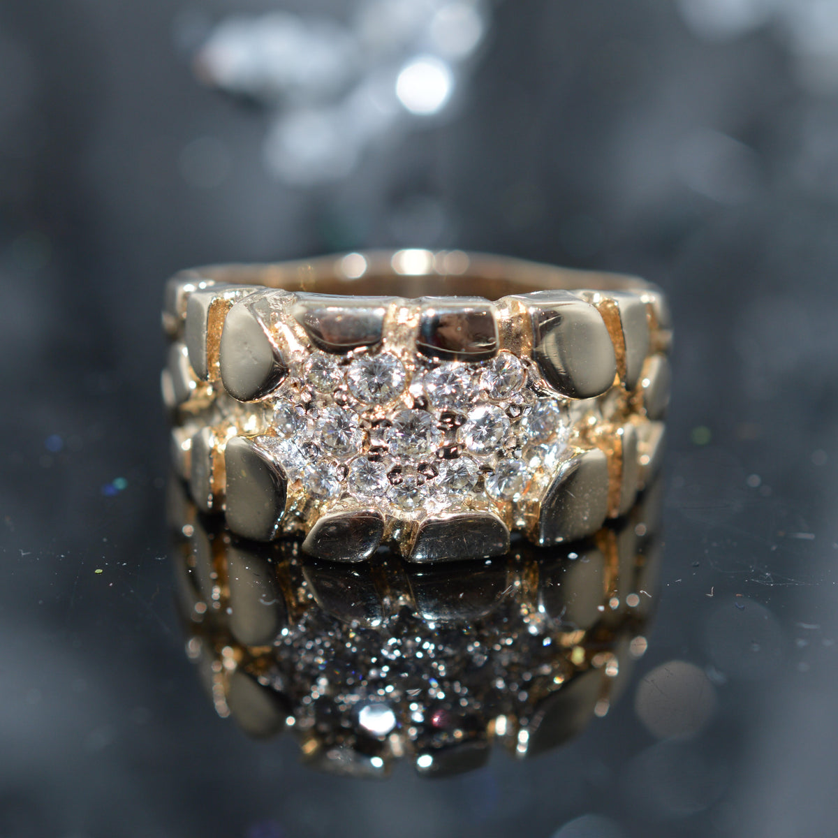 14K Yellow Gold Gents Diamond Cluster Nugget Ring