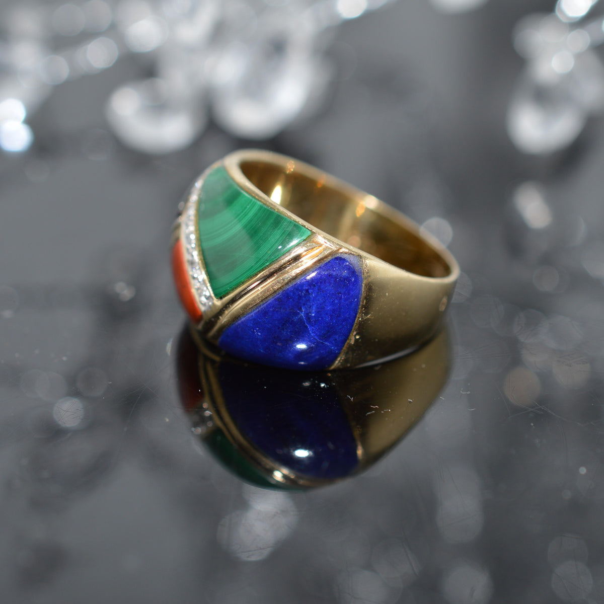 14K Yellow Gold Dome Ring Inlaid With Lapis, Malachite, Carnelian, Onyx & Diamonds
