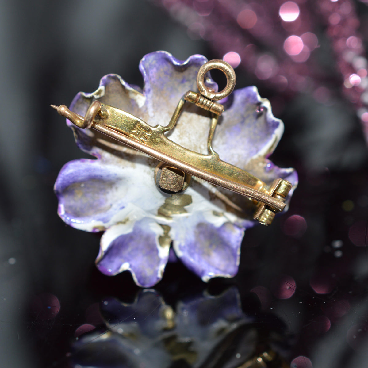 14K Yellow Gold Purple Enamel Flower Pin & Pendant