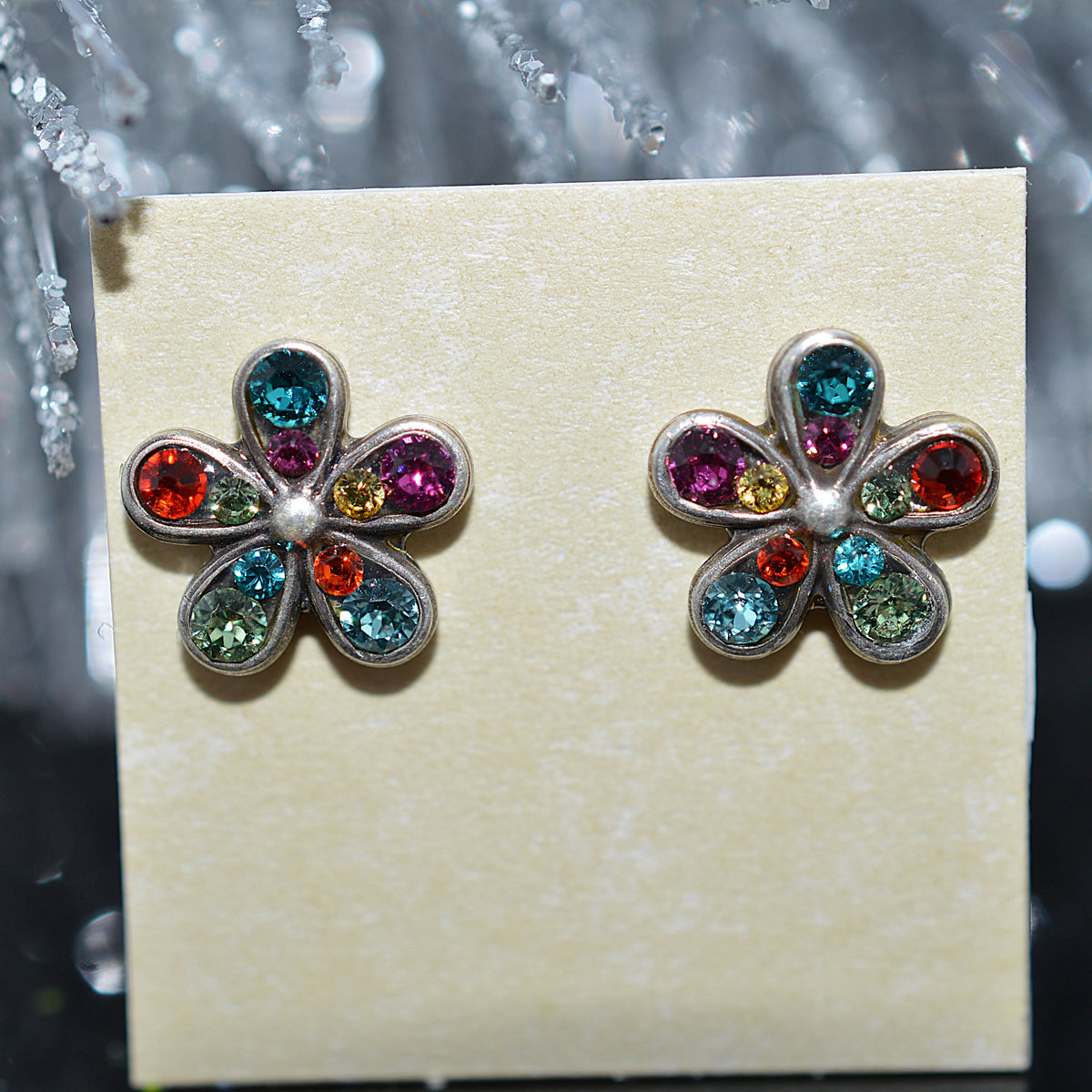 Antique Silver Plated Petite Fleur Stud Earrings With Multi-Color Crystals by Firefly