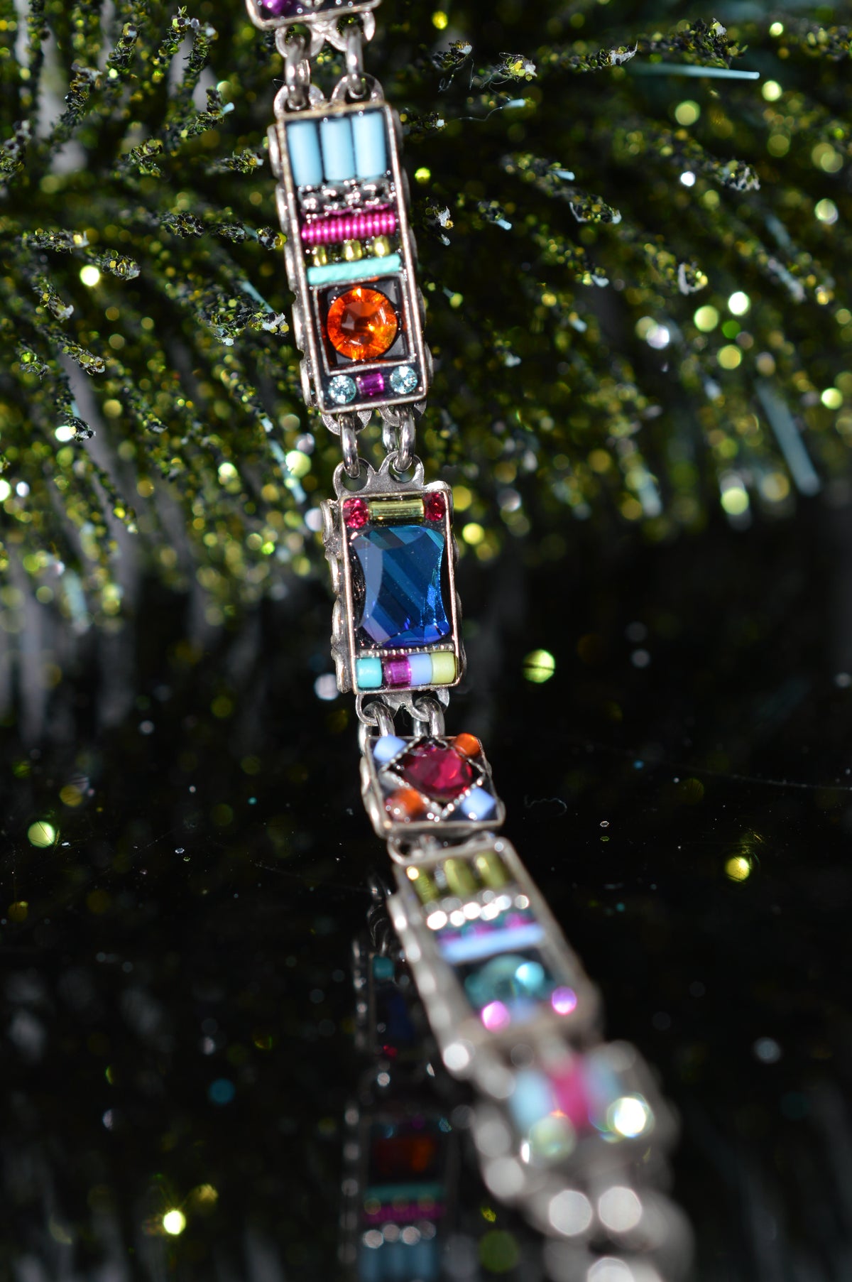 Antique Silver Plate Milano Rectangle Bracelet With Multi-Color Crystals by Firefly
