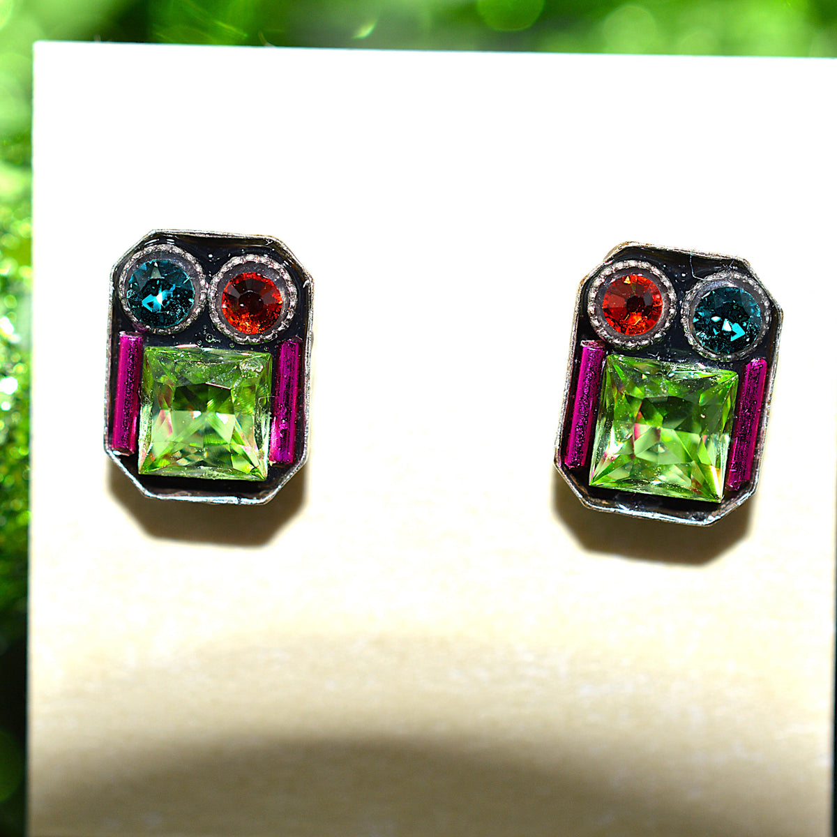Antique Silver Plated Rectangular Architectural Stud Earrings With Peridot Crystals by Firefly