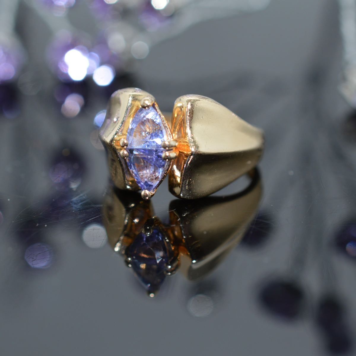 14K Yellow Gold Ring With 2 Trillion Cut Tanzanites