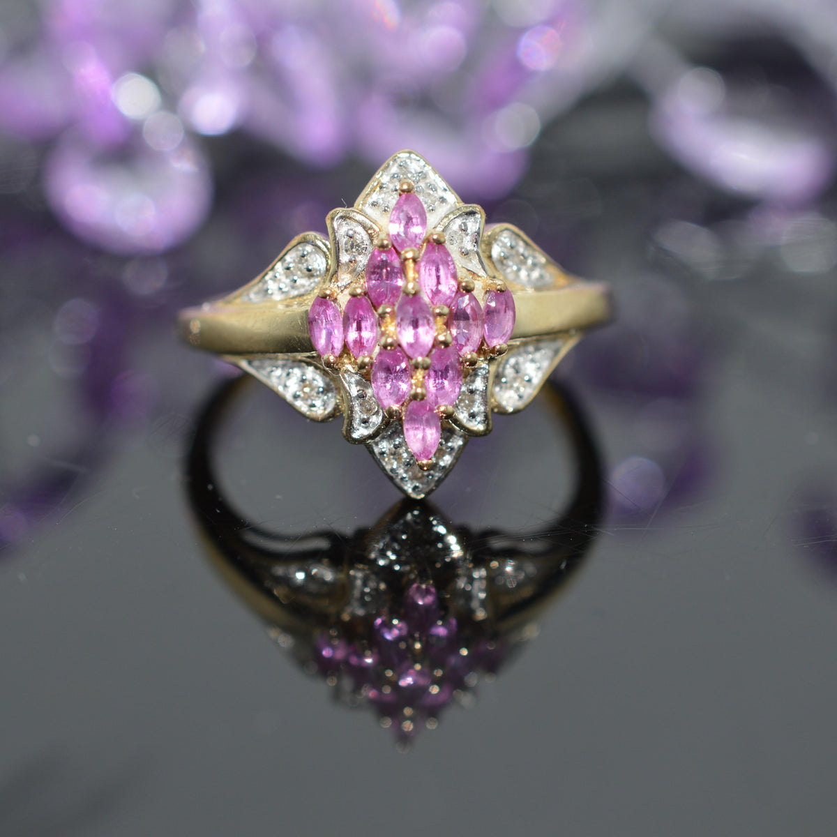 10K Yellow Gold Marquise Pink Sapphire & Diamond Ring