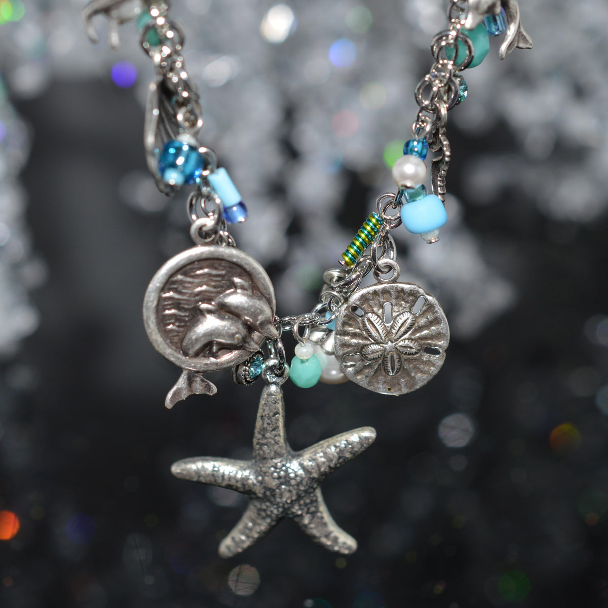 Antique Silver Plated Light Blue Crystal Ocean Necklace by Firefly