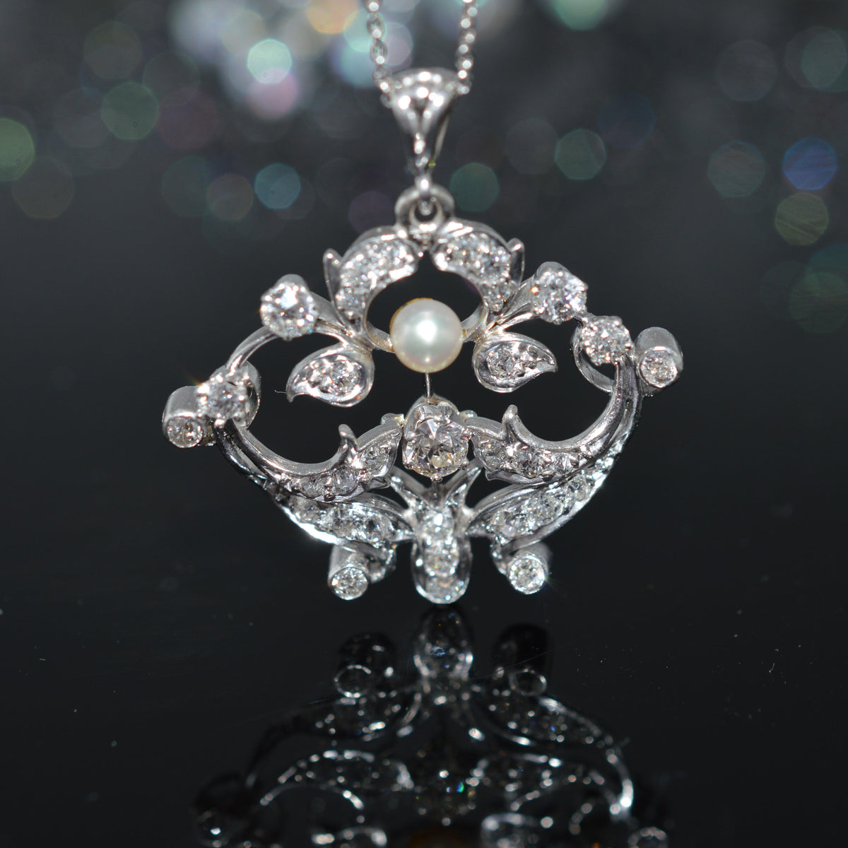 Platinum Antique Pearl & Diamond Pendant With Old Cut Diamonds