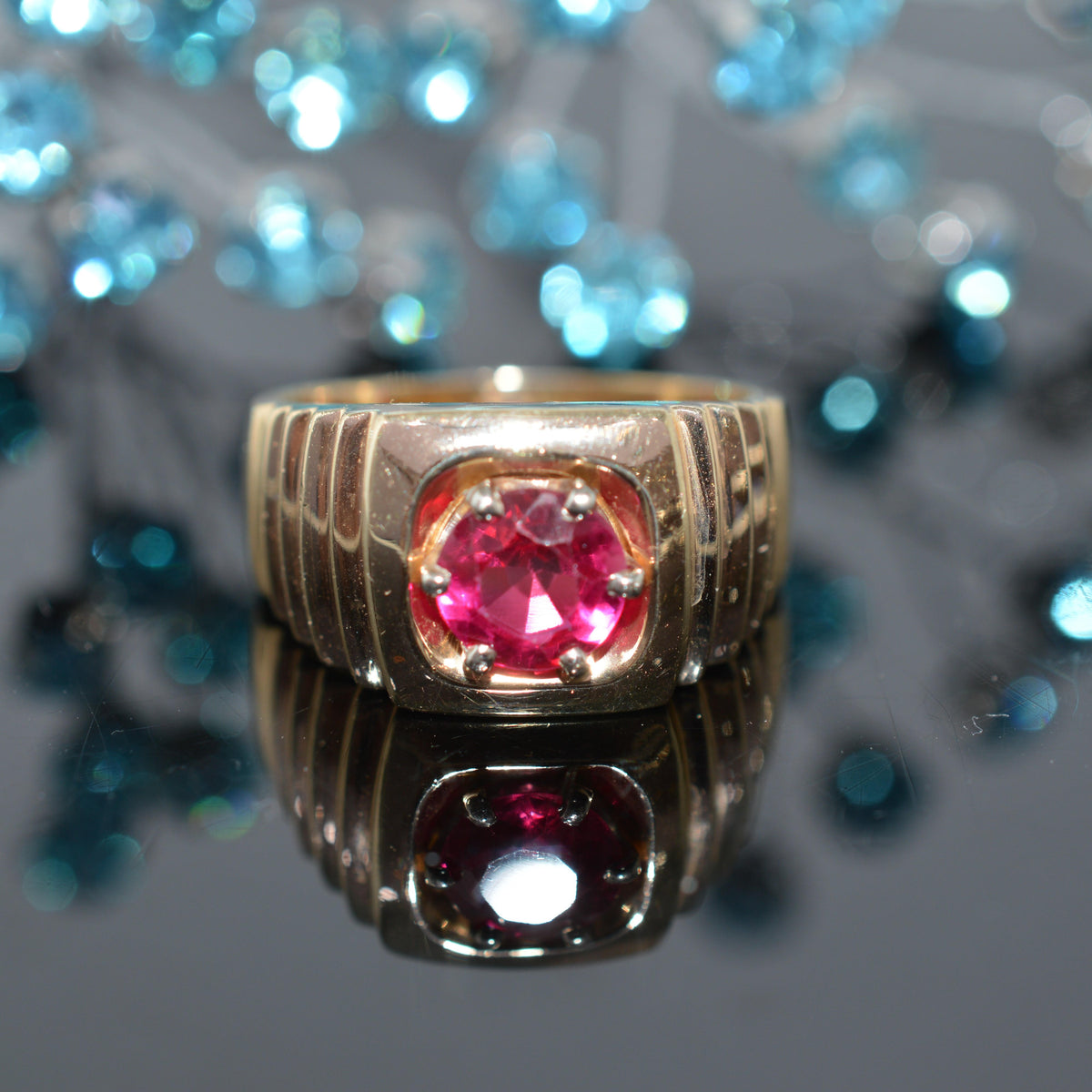14K Yellow Gold Ring With Round Synthetic Ruby