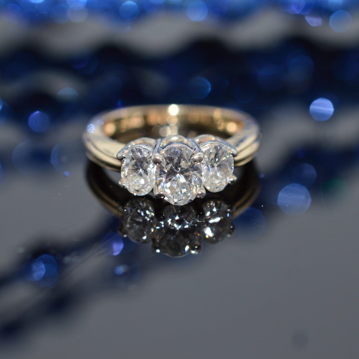 14K Two Tone Gold Past, Present, Future Diamond Ring With 3 Oval Diamonds