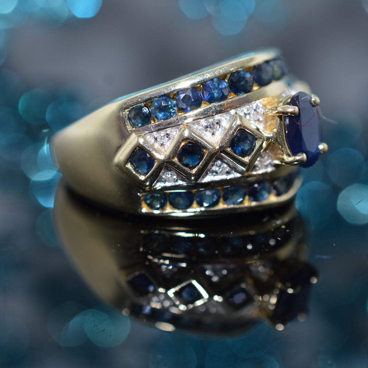 14K Two Tone Gold Wide Band Ring With Sapphires & Diamonds