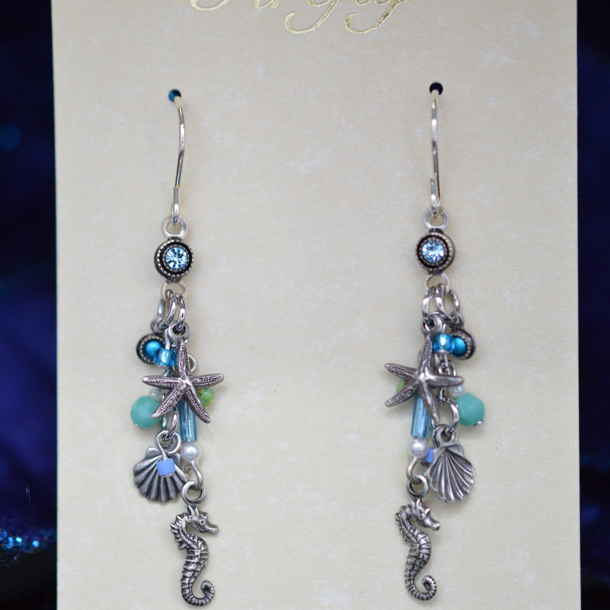Antique Silver Plated Light Blue Crystal Ocean Earrings by Firefly