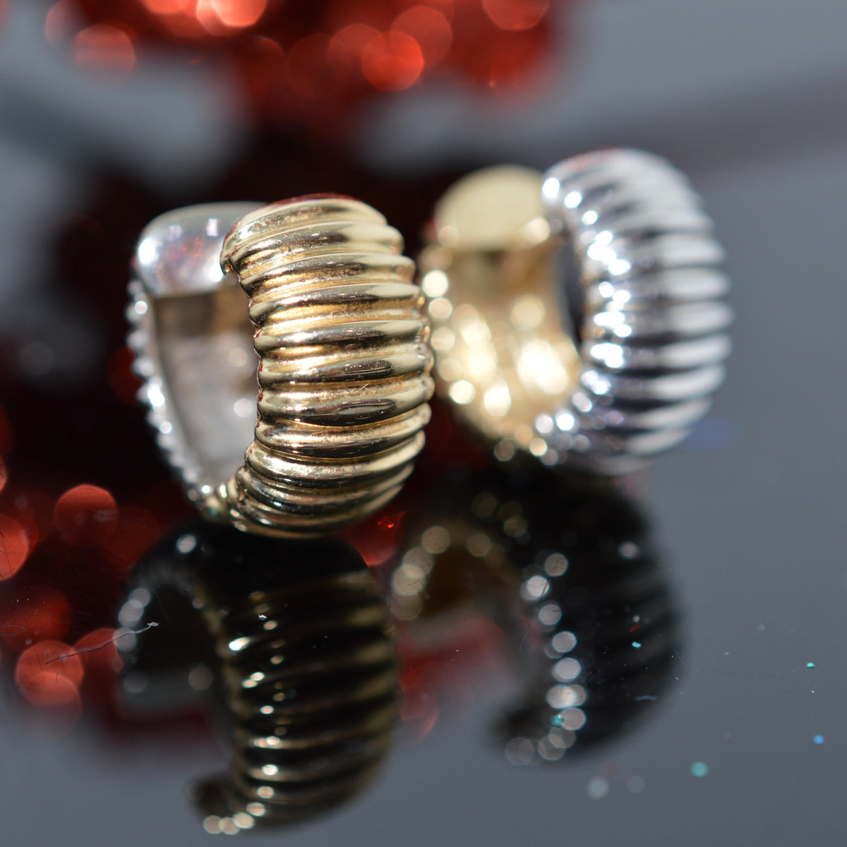 14K Two Tone Gold Reversible Ribbed Huggie Earrings