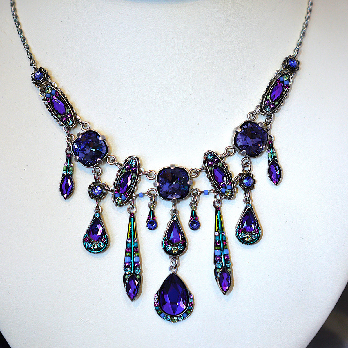 Antique Silver Plated Elaborate Carmel Necklace With Purple Crystals by Firefly