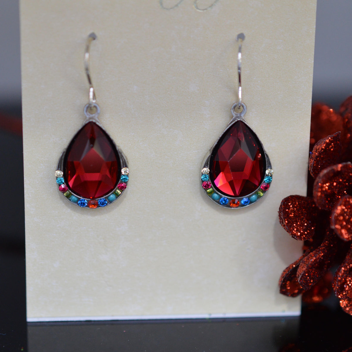 Antique Silver Plate Elizabeth Teardrop Earrings With Multi-Color Crystals By Firefly