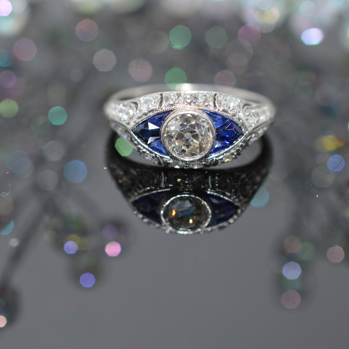 Platinum Art Deco Old European Cut Diamond Ring With Calibre Cut Sapphires