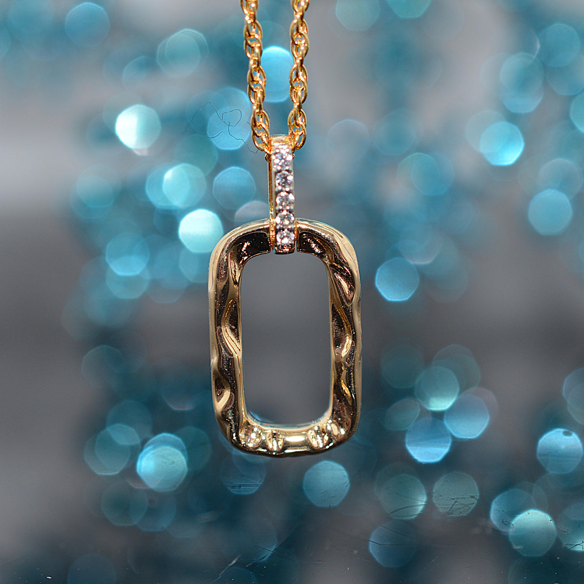 Gold Vermeil Chain & Hammered Pendant With White Sapphire Gemstones