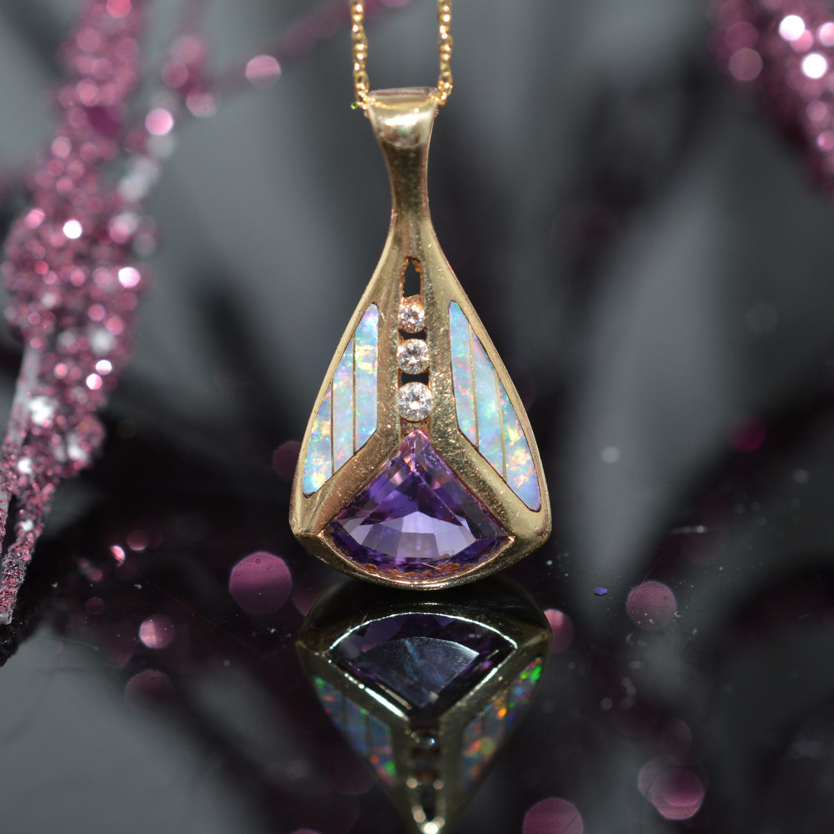 14K Yellow Gold Diamond, Amethyst, & Inlaid Opal Pendant by "Kabana"